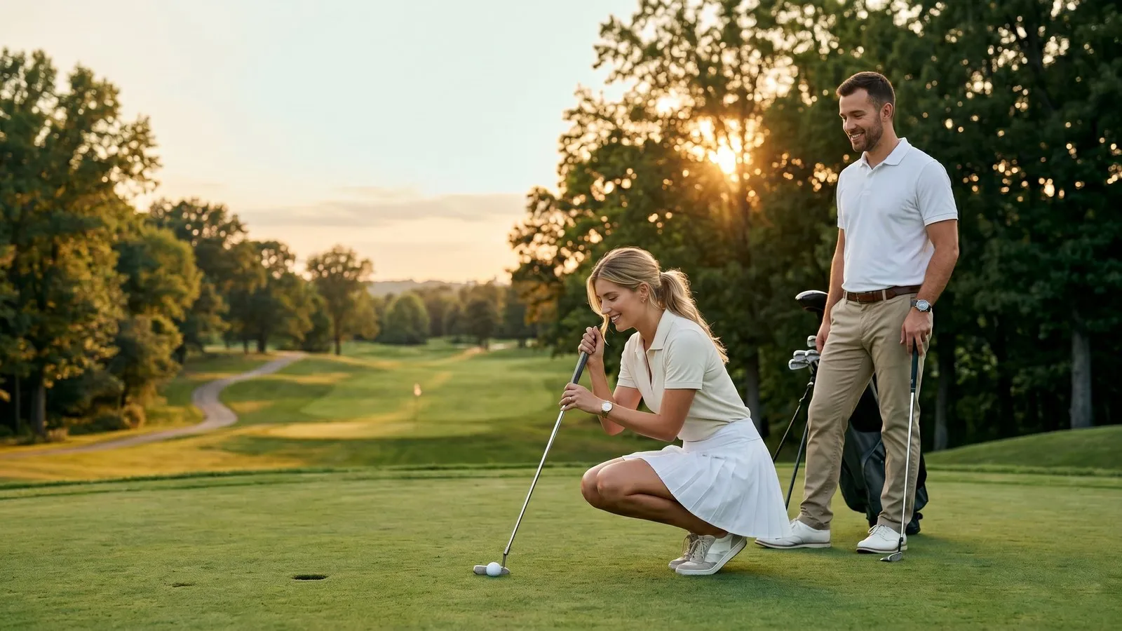 A young couple golfing together at golden hour on a tree-lined fairway, sharing a relaxed moment as she lines up a putt on the green