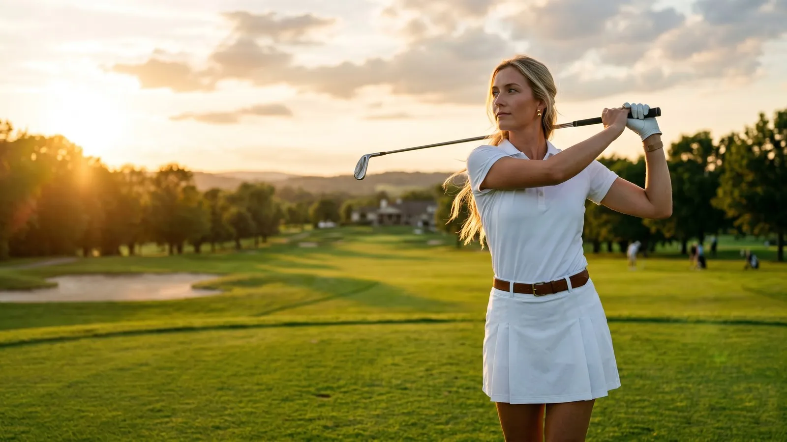 A blonde woman golfer at the finish of her swing, club resting over her shoulder, backlit by golden-hour sun on a manicured fairway